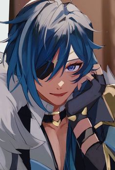 an anime character with blue hair and black gloves holding his hand to his face while looking at the camera