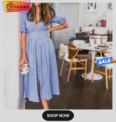 V Neck Plunge Women Dress Side Slit Button Up Summer Dress Fashion Bohemian Dress Midi Vestidos Mujer Collared Dress, Mode Casual, Vestido Casual, Mode Vintage, Solid Dress, Ladies Dress Design, Mode Inspiration, Waist Length, Collar Dress