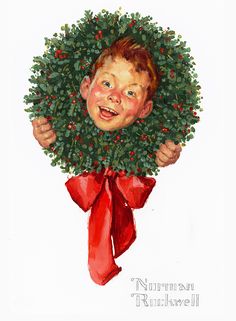 a painting of a young boy with a wreath on his head and red bow around his neck