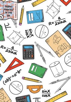 a white background with many different types of school supplies and pencils, rulers, calculator, scissors, and other items