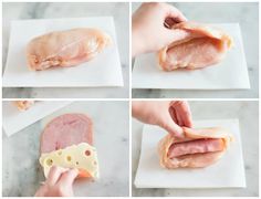 the process of making ham and cheese sandwiches is shown in four different pictures, including one being cut into pieces