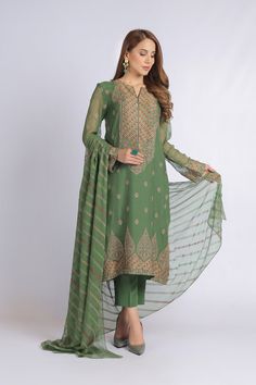 Bareeze Mc931 Green Summer Sheesh Mahal, Pakistani Designer Suits, Organza Top, Sophisticated Outfits, Green Collection, Silk Trousers, Pakistani Designers, Suit Fabric, Stylish Dress Designs