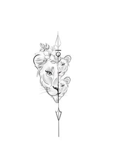 a drawing of a lion with flowers on it's head and an arrow in its mouth