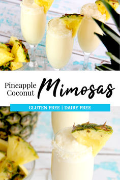 Creamy Pineapple Coconut Mimosas garnished with pineapple slices. Pineapple Coconut Mimosa, Coconut Mimosa, Pineapple Mimosa, Gluten Free Brunch, Pineapple Punch, Tropical Food, Healthy Cocktails, Cocktail Party Food, Healthy Brunch