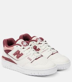 550 Leather Sneakers in White - New Balance | Mytheresa White Casual Sneakers, Basketball Silhouette, Pretty Sneakers, Burgundy Shoes, Personalized Shoes, Cute Nike Shoes, Cute Sneakers, Cute Nikes, Red Sneakers