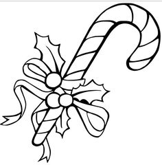 a candy cane with holly leaves on it and a bow in the middle, coloring page