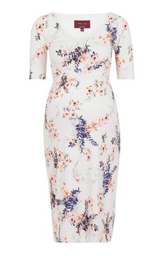 Your go-to maternity shift dress for office, party or wedding invite. This clever little floral print dress can be dressed up or down in so many ways. Simple yet chic, Tilly has a neat pencil skirt with gentle gathering under the bust to accentuate your growing bump, fully lined for comfort. Our maternity shift dress is crafted from premium jersey which is soft and easy to wear in our beautiful new Japanese Garden print. Embracing all the summer colours - corals, pinks, indigo and rich ivory for Elegant Fitted Maternity Dress For Brunch, Elegant Fitted Maternity Midi Dress, Elegant Fitted Midi Maternity Dress, Fitted Midi Dress For Maternity Wear In Spring, Elegant Fitted Midi Dress For Maternity, Fitted Maternity Dress For Spring, Elegant Summer Maternity Midi Dress, Elegant Spring Maternity Dress, Feminine Fitted Maternity Dress