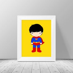 a little boy in a superman costume on a yellow background