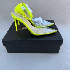 Size 6.5 Anne Michelle Clear Heels Neon Yellow Neon Yellow Heels For Evening, Neon High Heels For Party, Neon Yellow Pointed Toe Heels For Party, Chic Neon Yellow Pointed Toe Heels, Chic Neon Yellow Round Toe Heels, Neon Yellow Party Heels In Synthetic Material, Chic Neon Yellow Heels, Clear Heels, Neon Yellow