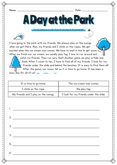 a day at the park worksheet for students to practice reading and writing skills