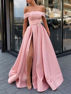 Pink Off Shoulder Satin Long Prom Dresses With High Slit, Pink Formal Dresses, Evening Dresses Color Chart Long Elegant Prom Dresses, Split Prom Dresses, Prom Dresses Yellow, Simple Prom Dress, Custom Prom Dress, Pink Prom Dress, Pink Formal Dresses, Elegant Prom Dresses, Pink Prom