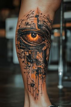 Cybernetic eye tattoo with mechanical details and glowing orange light on a person's leg. Bionic Tattoo, Hex Tattoo, Cyberpunk Tattoo Design, Cyberpunk Tattoos, Edgy Tattoo, Tatoo 3d, Cyberpunk Tattoo, Protection Tattoo, Futuristic World