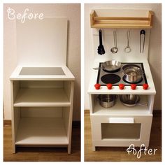 before and after photos of a white toy stove with cooking utensils on it