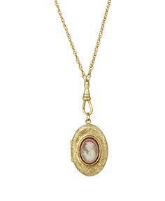 A style popularized by Queen Victoria, this timeless vintage like inspired double locket necklace features a simulated carnelian and ivory color cameo set on an etched gold tone frame. Adds a beautiful vintage like feel to any ensemble. Oval Locket From Vintage Jewelry Collection, Oval Locket Jewelry For Vintage Collection, Oval Locket For Vintage Jewelry Collection, Oval Vintage Charm Jewelry, Elegant Oval Cameo Locket Necklace, Antique Gold Locket Necklace With Cameo, Vintage Oval Locket Necklace Collectible, Classic Cameo Oval Pendant Jewelry, Antique Gold Cameo Medallion Locket Necklace