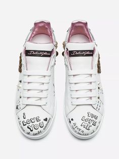 These Dolce & Gabbana Portofino sneakers feature a calfskin upper with printed pattern and detailed embroidery crown patch studded appliqué bejeweled spoiler. The is optimized for ventilation equipped an ultra-cushioned insole lasting comfort. Luxury Embellished Lace-up Sneakers, Luxury Embellished Sneakers For Streetwear, Embellished Leather Sneakers For Streetwear, Embellished Leather Lace-up Sneakers, Luxury Embellished Leather Sneakers, Luxury Embellished White Sneakers, Casual White Embellished Sneakers, Embroidery Crown, Shoes Dolce Gabbana