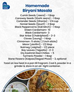 the menu for biyani masala is shown in blue and white with text