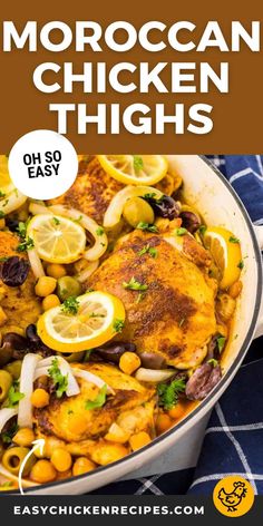 the recipe for moroccan chicken thighs with lemons, onions and olives in a skillet