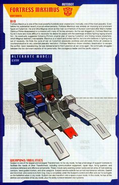 an advertisement for a toy that looks like a vehicle with two engines on it and the words fortress maximus written in red