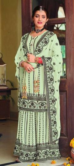 Green color Salwar Kameez in Faux Georgette fabric with Embroidered, Resham, Thread work Green Sharara Suit, Bridal Sharara, White Salwar Kameez, Green Sharara, Designer Sharara Suits, Latest Salwar Kameez Designs, Kurti With Palazzo, Kameez Designs, Latest Salwar Kameez