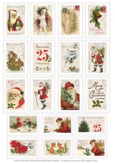 christmas stamps with santa claus and other decorations