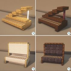 four different types of furniture made out of bricks and wood, including a bed frame