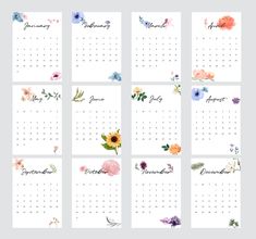 a calendar with watercolor flowers on the front and back pages, for each month