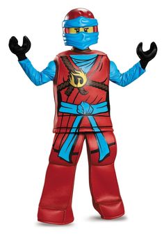 a person in a red and blue costume standing with his hands out to the side