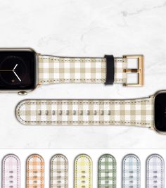 "Faux leather Apple Watch band. Check pattern in your color choice and white, for your Apple Watch Series 1, 2, 3, 4, 5, 6, 7, 8 or SE. Pastel Color options: Pink Orange Latte Yellow Sage Green Blue Purple *Every monitor displays colors differently. We cannot guarantee an exact match to your screen's color display.* NOTE ON GOLD APPLE WATCHES. Apple's \"gold\" color is a moving target. The tone changes from year to year. Our Gold buckles and lugs are yellow gold. For the Gold Series 4 Apple Watc Modern White Apple Watch Band For Everyday Use, White Adjustable Watch Accessories For Everyday Use, Adjustable White Apple Watch Band For Everyday, White Watch Bands With Bracelet Strap, White Leather Strap Watch Bands For Gift, White Leather Strap Watch Band As Gift, White Bracelet Strap Apple Watch Band For Everyday Use, Trendy White Apple Watch Band For Everyday Use, Modern White Leather Strap Apple Watch Band