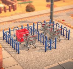 several shopping carts sitting on the ground in front of a pole with an orange umbrella