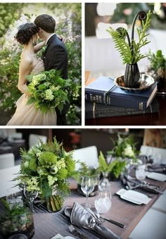 the bride and groom are kissing in front of their wedding bouquets at the table