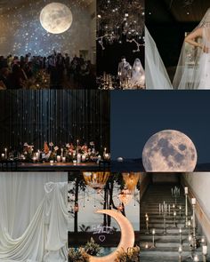 a collage of wedding photos with the moon in the sky and candles on the ground