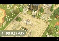 an aerial view of a coffee truck in the middle of a garden