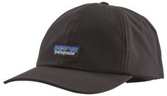 the patagonia hat is black and has an embroidered patch on the front side