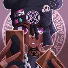 a cartoon character holding a cell phone in front of her face and wearing a hat with a skull on it