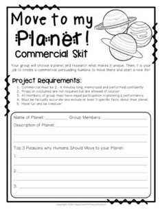 an activity sheet for the project, move to my planet