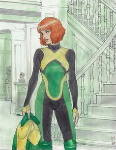 a drawing of a woman in a green and yellow suit standing next to a handbag