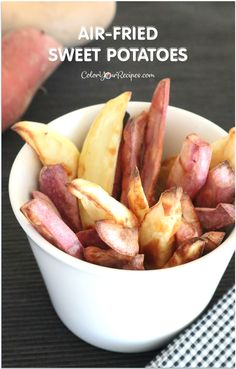 air fried sweet potatoes in a white bowl