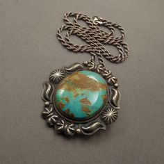 "See More Vintage Native American Jewelry here: https://www.etsy.com/shop/YearsAfter?section_id=13095973 A Spectacular Vintage Native American Navajo Turquoise Necklace Pendant Brooch handmade by Legendary Navajo Artist Kirk Smith (1957-2012) in Sterling Silver with a Thick Gorgeous Slab of Natural Pilot Mountain Turquoise in a Green Blue Color with a Chocolate Brown Matrix on 22\" Vintage Sterling Rope Chain, All Tested and Guaranteed Sterling, Early KS Sterling Hallmark, Shepard's Hook Hidden Pilot Mountain, Native American Jewelry Navajo, Vintage Native American Jewelry, Native American Earrings, Pendant Brooch, Brooch Handmade, American Indian Jewelry, Navajo Turquoise, Vintage Navajo