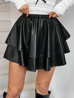 Plus Size Women Casual High Waist PU Leather Mini Skirt With Double Layer,Black Mini Skirt,Black Leather Mini Skirt Black Casual   PU Leather Colorblock,Plain Layered/Tiered Medium Stretch  Women Clothing, size features are:Bust: ,Length: ,Sleeve Length: Plus Size Women Casual, Black Leather Mini Skirt, Couple Pajamas, Mini Skirt Black, Leather Mini Skirt, Plus Size Skirts, Black Mini Skirt, Leather Mini Skirts, Boho Women