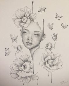 a drawing of a woman with flowers in her hair and butterflies around her head,