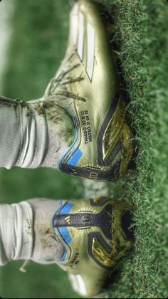 a close up of a person's shoes with dirt on them and grass in the background