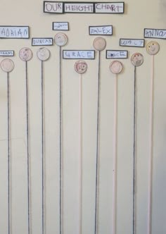 a bunch of buttons that are hanging on a wall with some words written in them