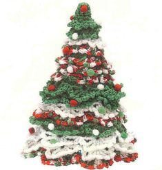 a small christmas tree made out of crochet and yarns on a white background