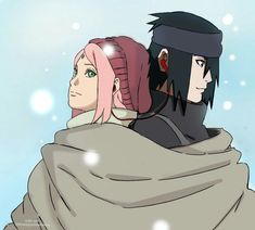 two anime characters one with pink hair and the other black, standing in front of snow