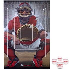 an image of a baseball player holding a catchers mitt and three balls in front of him