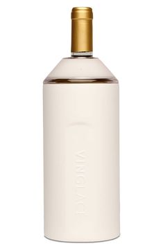 a white bottle with a gold top on a white background