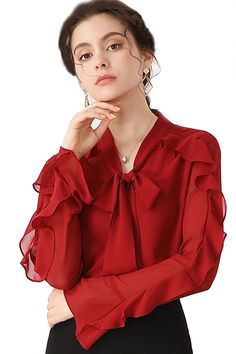 Scarf neck blouse. full Sleeves. Ruffles on sleeves. Full lining front and back. Imported. Frill Shirt Outfit, Red Top Outfit Ideas, Lisa Glasses, Red Shirt Outfits, Red Top Outfit, Kdrama Outfits, Romantic Essence, Scarf Blouse, Professional Blouses