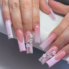 PRICES MAY VARY. [Package Content] You will get 24 pieces of IMSOHOT long square press on nails, a small clear box with glue, and you can trim it to any length you want~ [Quality Material] These pink flower press on nails are made of quality acrylic material, non-toxic and gentle to your nails and skin, durable and not easy to be scratched, will give you a nice manicure experience. [Easy to Use] After trimming and cleaning your nails, choose a false nail that is suitable for your own nail size, Square Nails Medium Length, Pink Nails Flower, Nails Long Pink, Nails With Butterfly, Pink Bling Nails, Square Press On Nails, Press On Nails Long, Fake Nails Long, Cover Flower