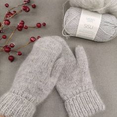 a pair of gray knitted mittens next to a sprig of red berries