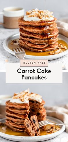 a stack of carrot cake pancakes sitting on top of a white plate